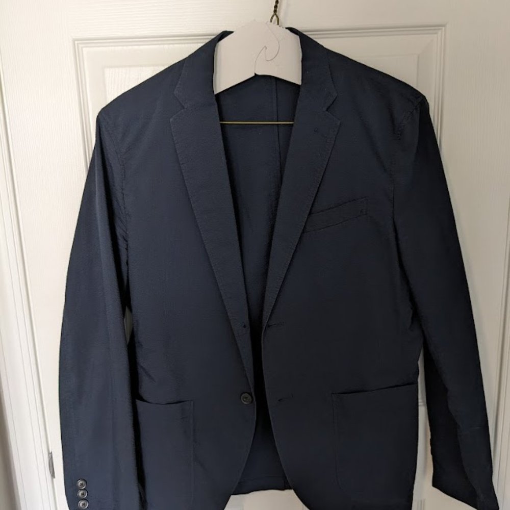 Uniqlo Seersucker Blazer; Navy, Medium, Slim-Fit